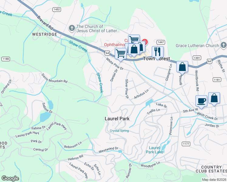 map of restaurants, bars, coffee shops, grocery stores, and more near 220 Daniel Drive in Laurel Park