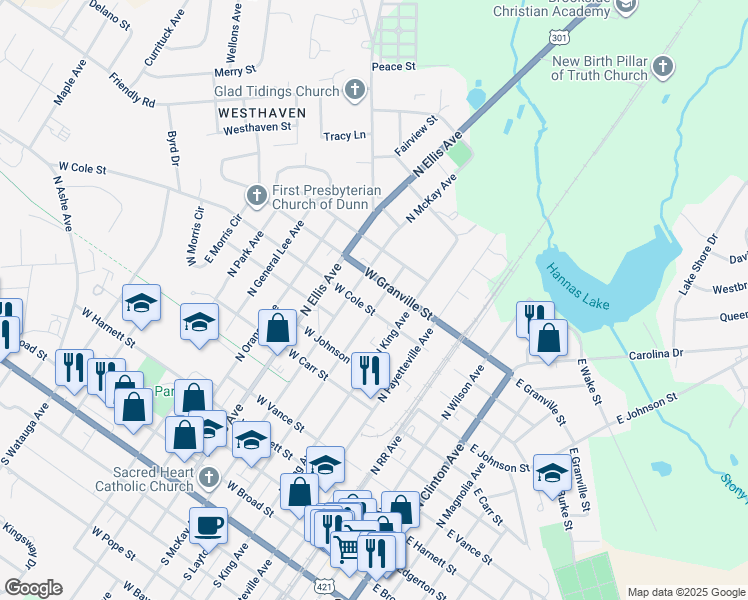 map of restaurants, bars, coffee shops, grocery stores, and more near 903 North Layton Avenue in Dunn