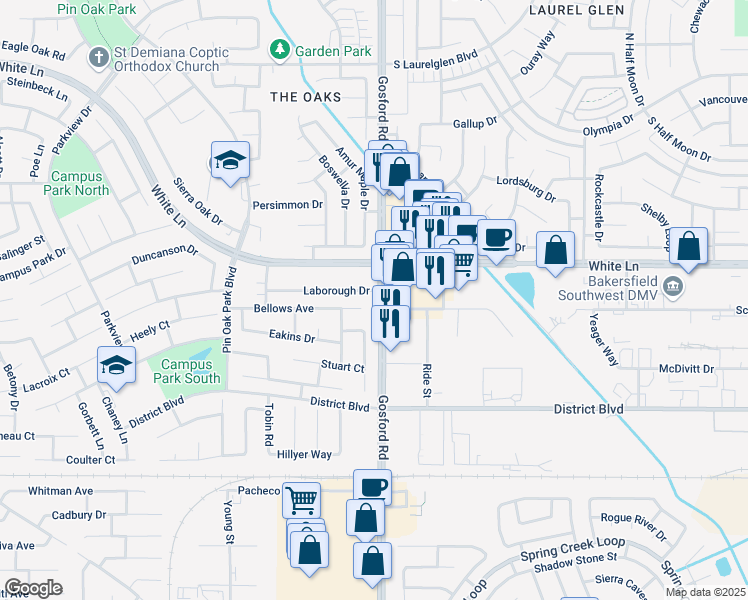 map of restaurants, bars, coffee shops, grocery stores, and more near 8103 Laborough Drive in Bakersfield