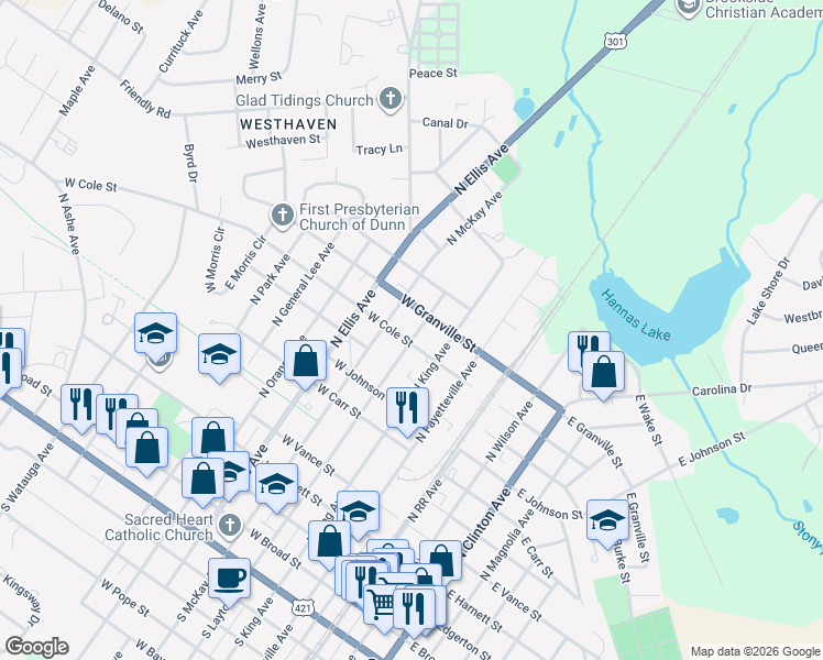 map of restaurants, bars, coffee shops, grocery stores, and more near 903 North Layton Avenue in Dunn