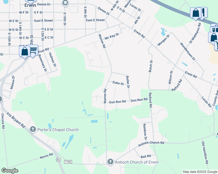 map of restaurants, bars, coffee shops, grocery stores, and more near 1002 Warren Road in Erwin