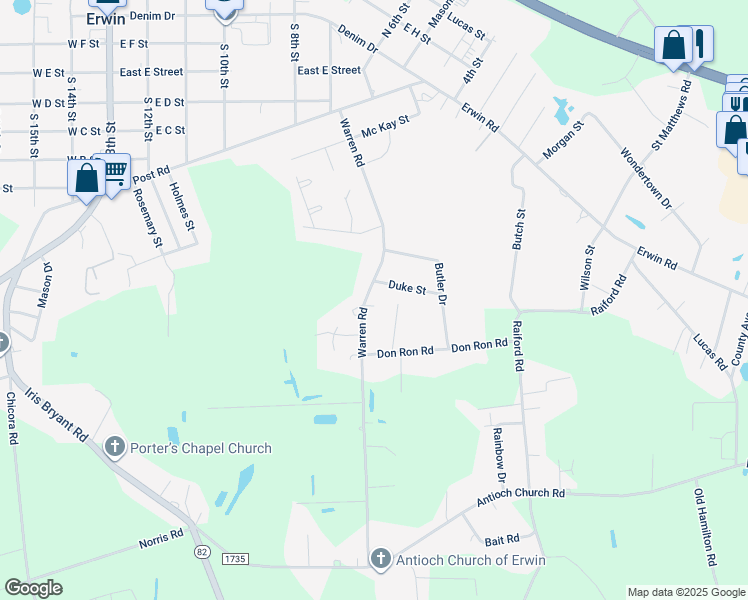 map of restaurants, bars, coffee shops, grocery stores, and more near 1002 Warren Road in Erwin
