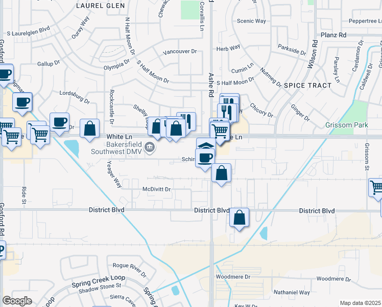 map of restaurants, bars, coffee shops, grocery stores, and more near 6600 Schirra Court in Bakersfield