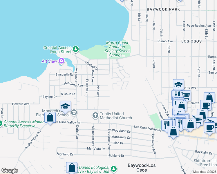 map of restaurants, bars, coffee shops, grocery stores, and more near 599 Henrietta Avenue in Baywood-Los Osos
