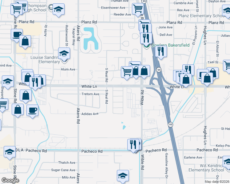 map of restaurants, bars, coffee shops, grocery stores, and more near 3608 Biltmore Lane in Bakersfield