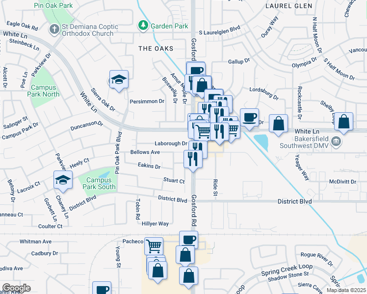 map of restaurants, bars, coffee shops, grocery stores, and more near 8001 White Lane in Bakersfield