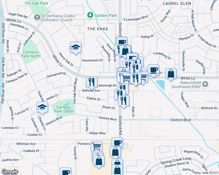 map of restaurants, bars, coffee shops, grocery stores, and more near 8208 Laborough Drive in Bakersfield