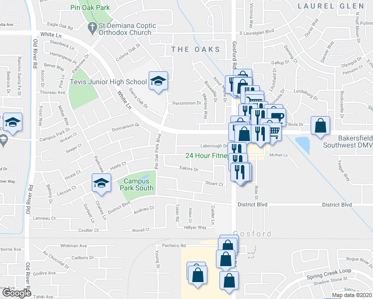 map of restaurants, bars, coffee shops, grocery stores, and more near 8400 Laborough Drive in Bakersfield