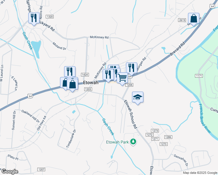 map of restaurants, bars, coffee shops, grocery stores, and more near 6500 Brevard Road in Etowah