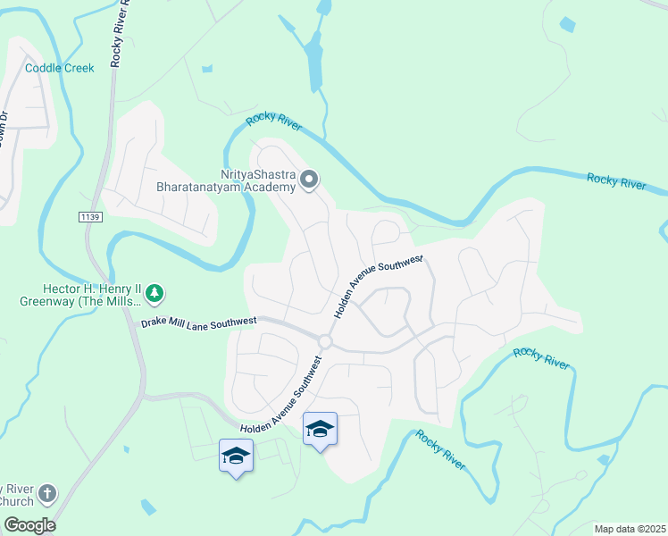 map of restaurants, bars, coffee shops, grocery stores, and more near 7011 Waterwheel Street Southwest in Concord