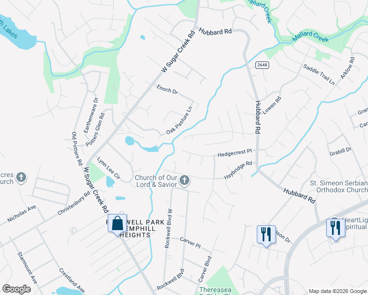 map of restaurants, bars, coffee shops, grocery stores, and more near 5207 Hedgecrest Place in Charlotte
