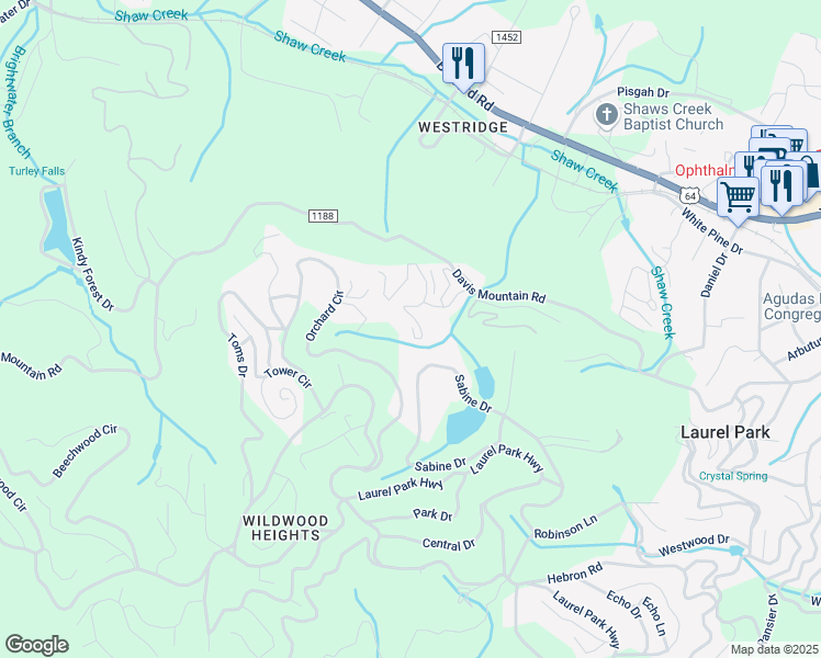 map of restaurants, bars, coffee shops, grocery stores, and more near 116 Woodbridge Drive in Laurel Park