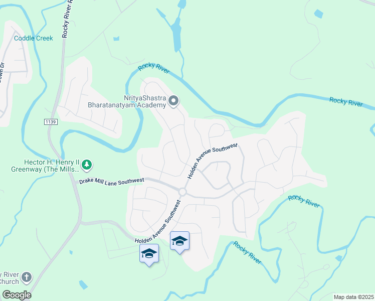 map of restaurants, bars, coffee shops, grocery stores, and more near 7011 Waterwheel Street Southwest in Concord