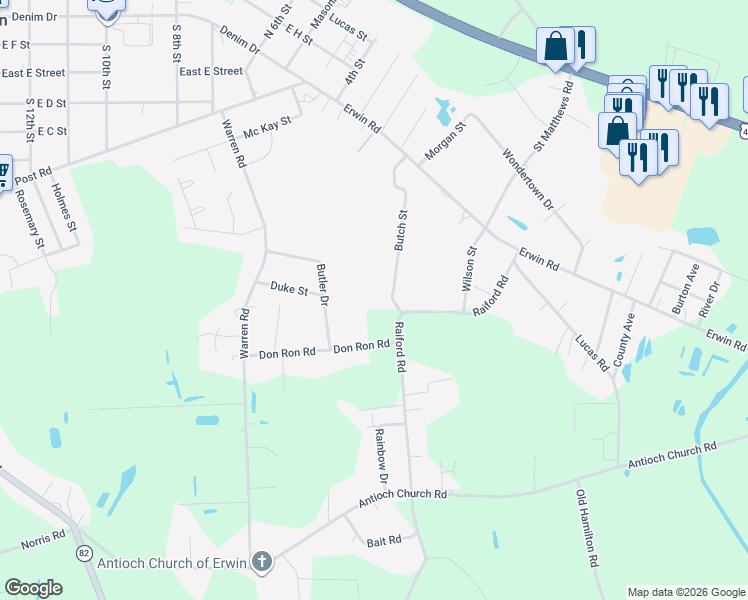 map of restaurants, bars, coffee shops, grocery stores, and more near 318 Butch Street in Erwin