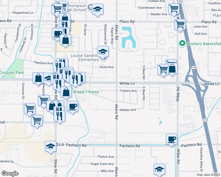 map of restaurants, bars, coffee shops, grocery stores, and more near 4112 Tretorn Avenue in Bakersfield
