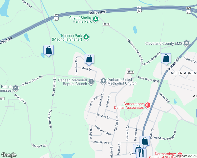 map of restaurants, bars, coffee shops, grocery stores, and more near 1406 Vantage Drive in Shelby