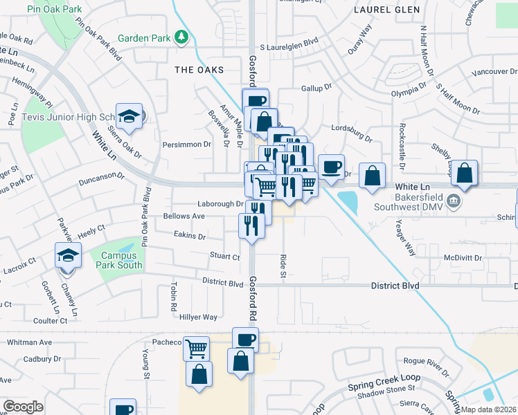 map of restaurants, bars, coffee shops, grocery stores, and more near 8000 McNair Lane in Bakersfield