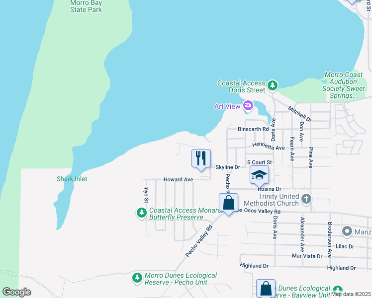 map of restaurants, bars, coffee shops, grocery stores, and more near 242 Butte Drive in Baywood-Los Osos