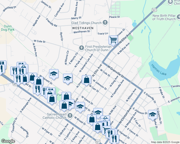 map of restaurants, bars, coffee shops, grocery stores, and more near 710 North Orange Avenue in Dunn