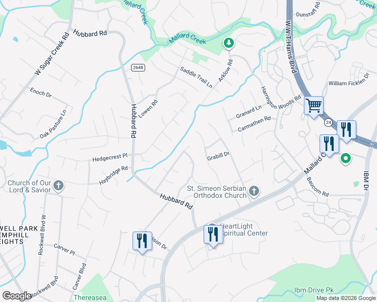 map of restaurants, bars, coffee shops, grocery stores, and more near 7522 Hubbard Woods Road in Charlotte