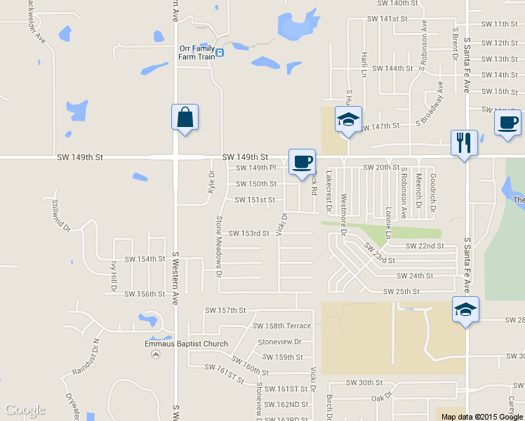 map of restaurants, bars, coffee shops, grocery stores, and more near 15200 Derrick Circle in Oklahoma City