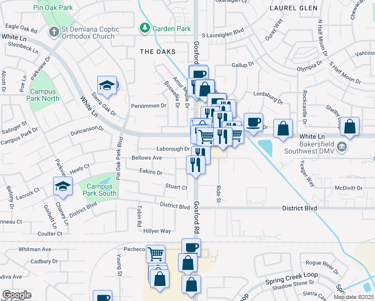 map of restaurants, bars, coffee shops, grocery stores, and more near 8001 White Lane in Bakersfield