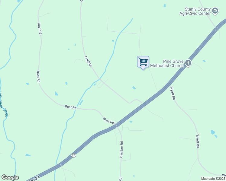map of restaurants, bars, coffee shops, grocery stores, and more near 24927 Odell Drive in Albemarle