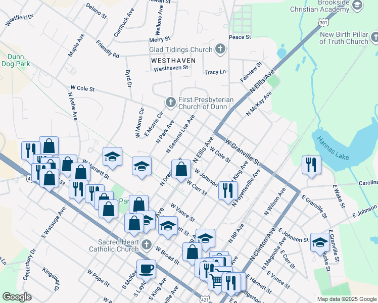 map of restaurants, bars, coffee shops, grocery stores, and more near 710 North Orange Avenue in Dunn