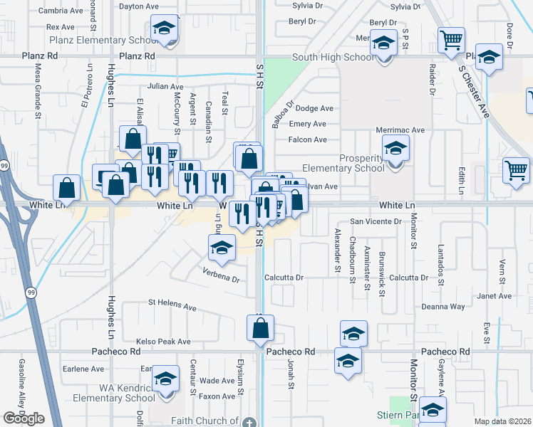 map of restaurants, bars, coffee shops, grocery stores, and more near 1565 White Lane in Bakersfield