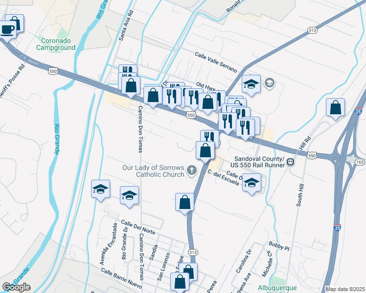 map of restaurants, bars, coffee shops, grocery stores, and more near 10 Camino Del Pueblo in Bernalillo