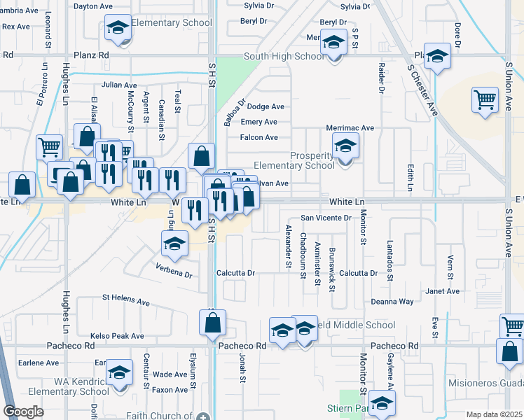 map of restaurants, bars, coffee shops, grocery stores, and more near 1324 White Lane in Bakersfield