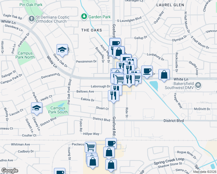map of restaurants, bars, coffee shops, grocery stores, and more near 8001 White Lane in Bakersfield