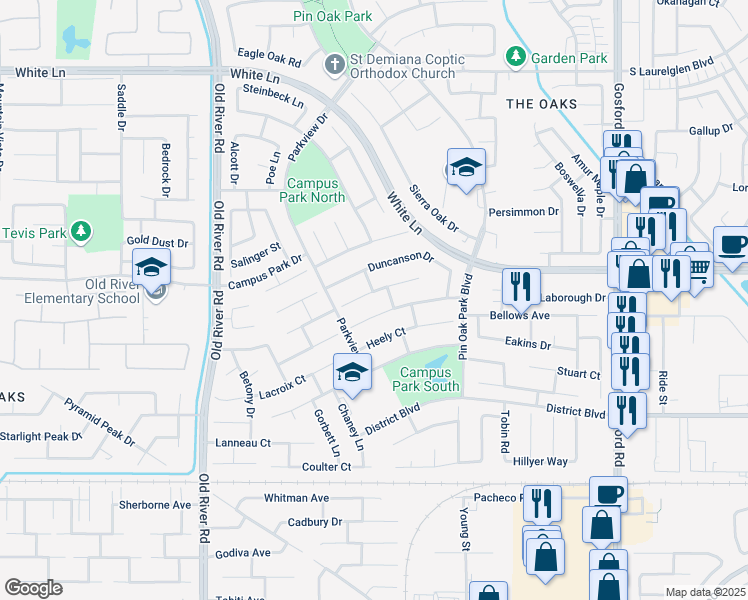 map of restaurants, bars, coffee shops, grocery stores, and more near 9100 Gleeson Court in Bakersfield