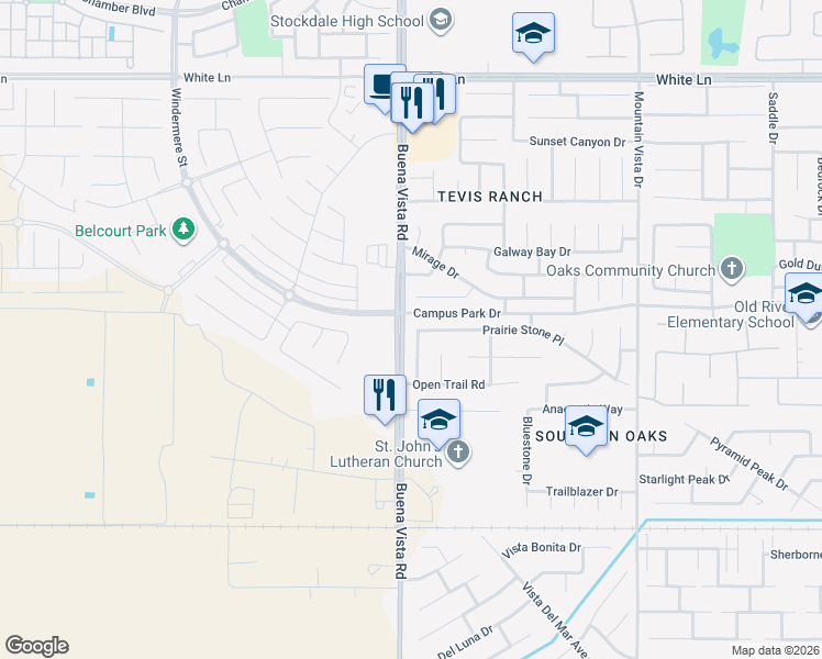 map of restaurants, bars, coffee shops, grocery stores, and more near 11208 Prairie Stone Place in Bakersfield