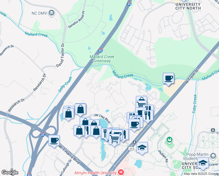 map of restaurants, bars, coffee shops, grocery stores, and more near 9329 Glenwater Drive in Charlotte