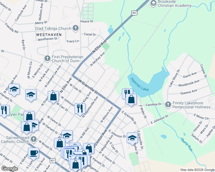 map of restaurants, bars, coffee shops, grocery stores, and more near 1107 North Fayetteville Avenue in Dunn