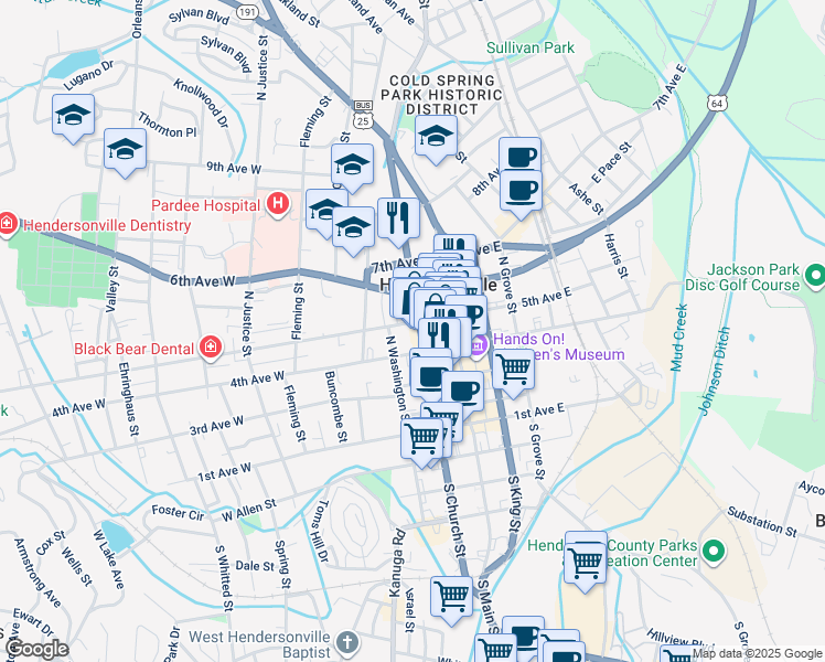map of restaurants, bars, coffee shops, grocery stores, and more near 255 5th Avenue West in Hendersonville