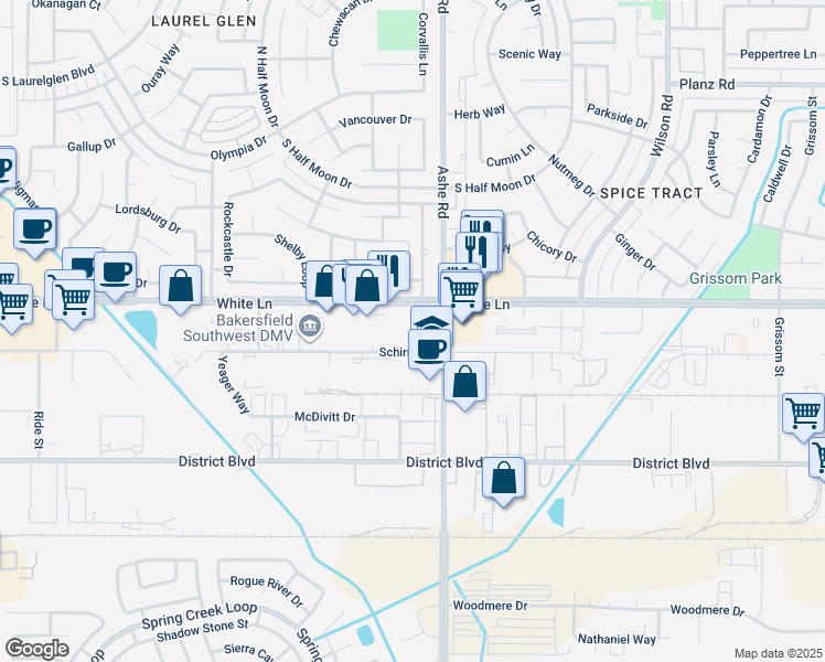 map of restaurants, bars, coffee shops, grocery stores, and more near 6600 Schirra Ct in Bakersfield