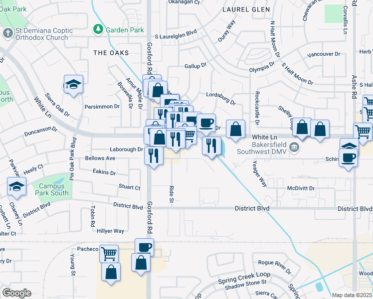 map of restaurants, bars, coffee shops, grocery stores, and more near in Bakersfield