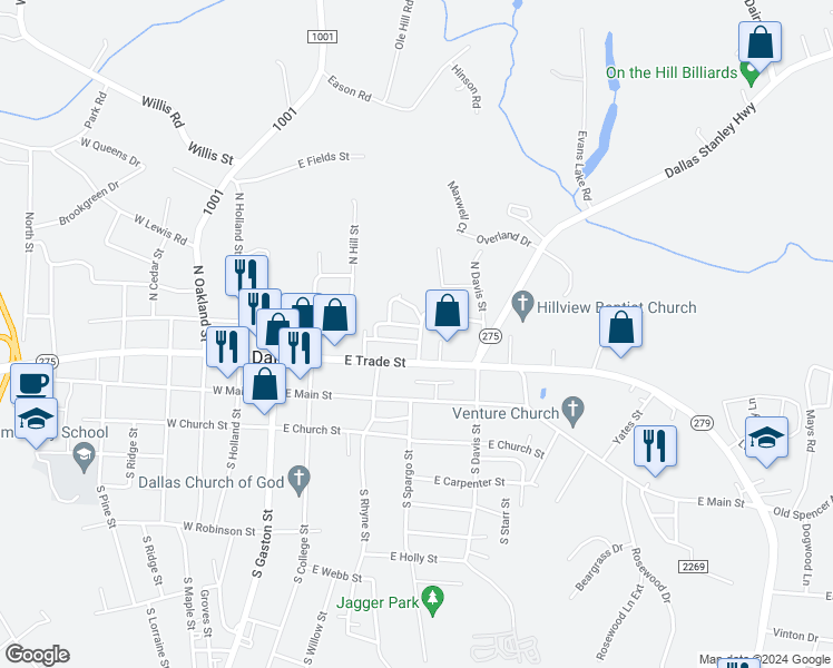 map of restaurants, bars, coffee shops, grocery stores, and more near 301 North Spargo Street in Dallas