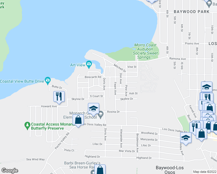 map of restaurants, bars, coffee shops, grocery stores, and more near 1891 Donna Avenue in Baywood-Los Osos