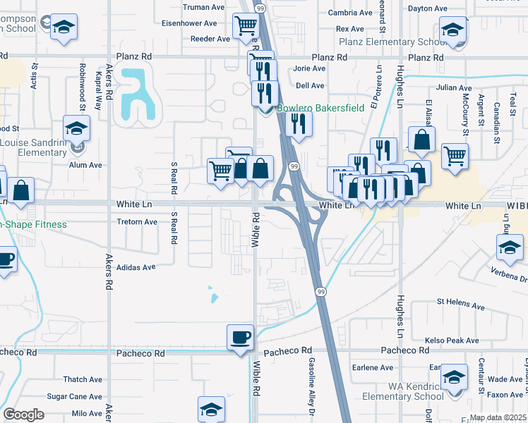 map of restaurants, bars, coffee shops, grocery stores, and more near 4100 Wible Road in Bakersfield