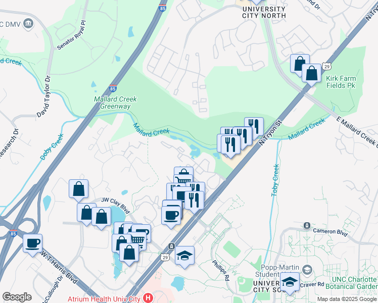 map of restaurants, bars, coffee shops, grocery stores, and more near 426 Barton Creek Drive in Charlotte
