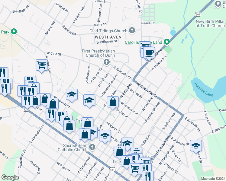 map of restaurants, bars, coffee shops, grocery stores, and more near 707 North Orange Avenue in Dunn