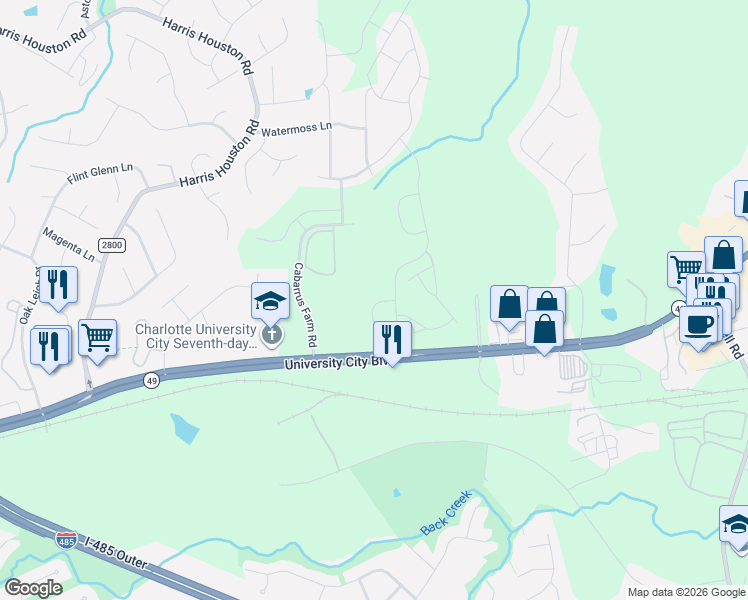map of restaurants, bars, coffee shops, grocery stores, and more near 11815 University City Boulevard in Charlotte
