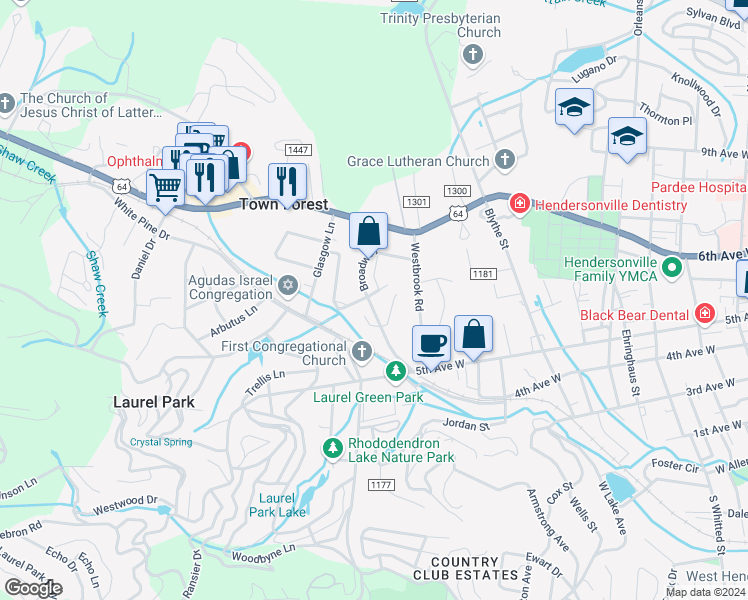 map of restaurants, bars, coffee shops, grocery stores, and more near 538 Broadway Street in Hendersonville