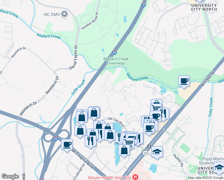 map of restaurants, bars, coffee shops, grocery stores, and more near 605 Emerald Cove Drive in Charlotte