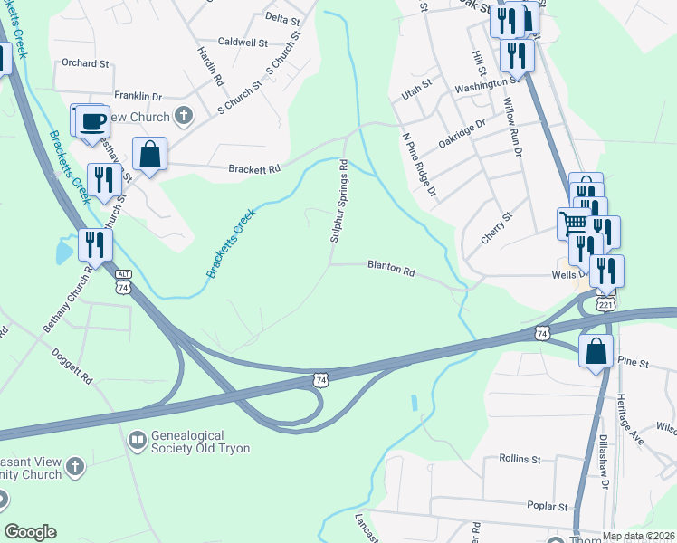 map of restaurants, bars, coffee shops, grocery stores, and more near 114 Blanton Road in Forest City