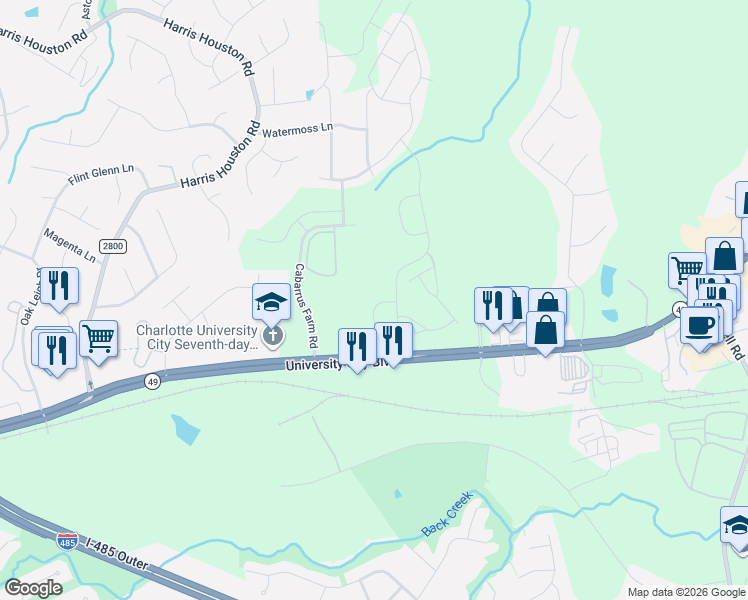 map of restaurants, bars, coffee shops, grocery stores, and more near 11815 University City Boulevard in Charlotte