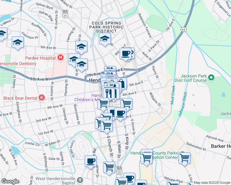 map of restaurants, bars, coffee shops, grocery stores, and more near 423 North King Street in Hendersonville